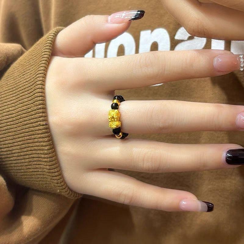 Product Introduction of Simple COH Love Pixiu Ring Golden Lucky Beads Lucky Couple Ring Niche Woven Ring 2