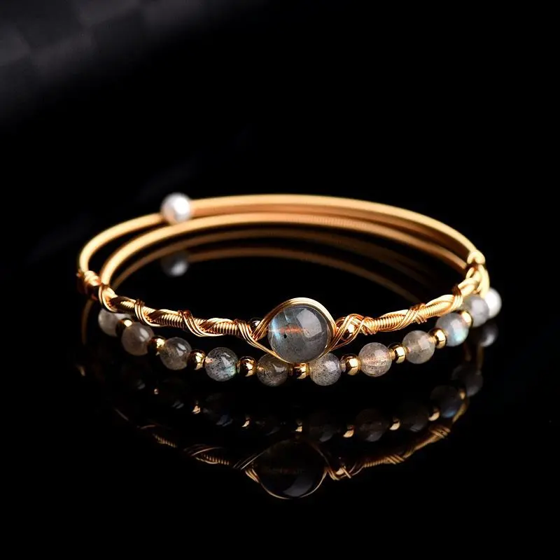 14K Original Natural Labradorite Double-Layer Bracelet Open Bracelet Moonstone