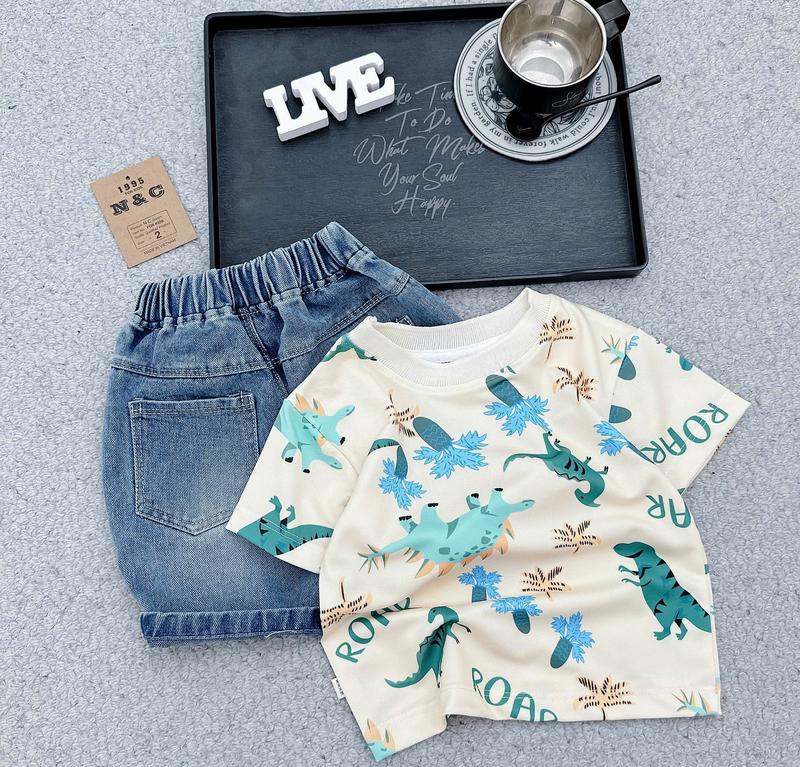 Bộ Quần áo Ngắn Tay In Hình Khủng Long Áo Cotton Gai Quần short jean cho bé trai từ 8-26kg[Shop Linhkids88]