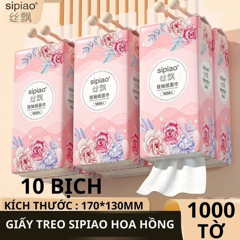 Thùng 5 Bịch Giấy SIPIAO Treo Trường 4 Lớp mỗi bịch 1000 tờ dai mềm tặng kèm móc treo Giấy Vệ Sinh 4