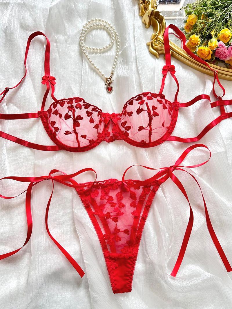 Product Introduction of Wind romantic love embroidery sexy perspective mesh with steel ring underwear for women 9