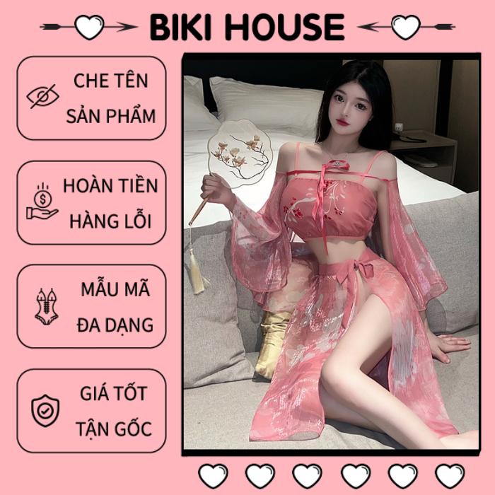Đồ cổ trang Trung Quốc hoa anh đào voan cao cấp set ngủ nữ Hanfu hán phục áo yếm kèm khăn choàng thanh lịch BIKI HOUSE WOMEN DRESS N396