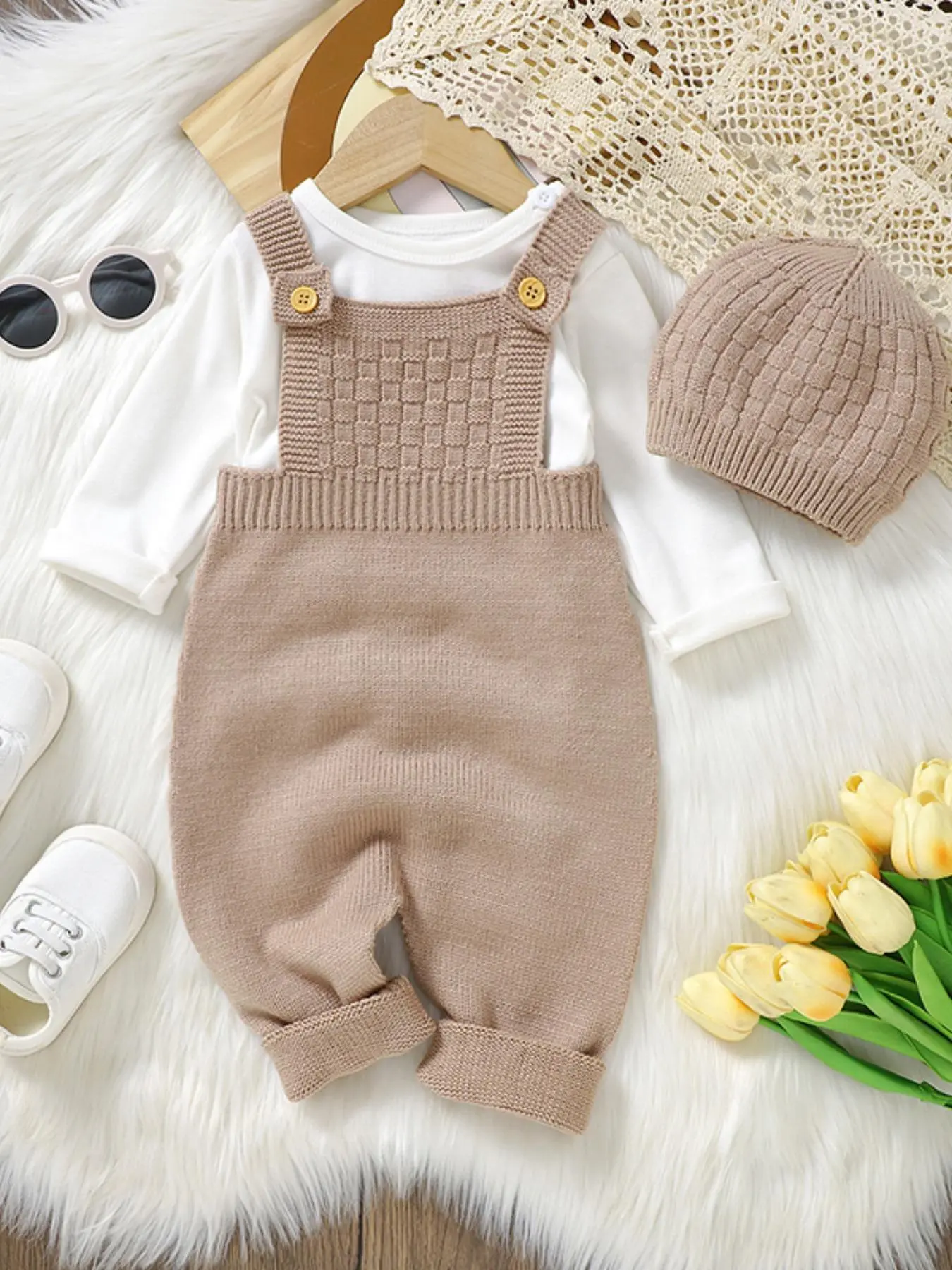 Baby's Solid Button Overalls & Hat Set, Casual Cute Sleeveless Sweater Onesies Set for Infant Toddler Kids, Newborn Baby Clothes for All Seasons