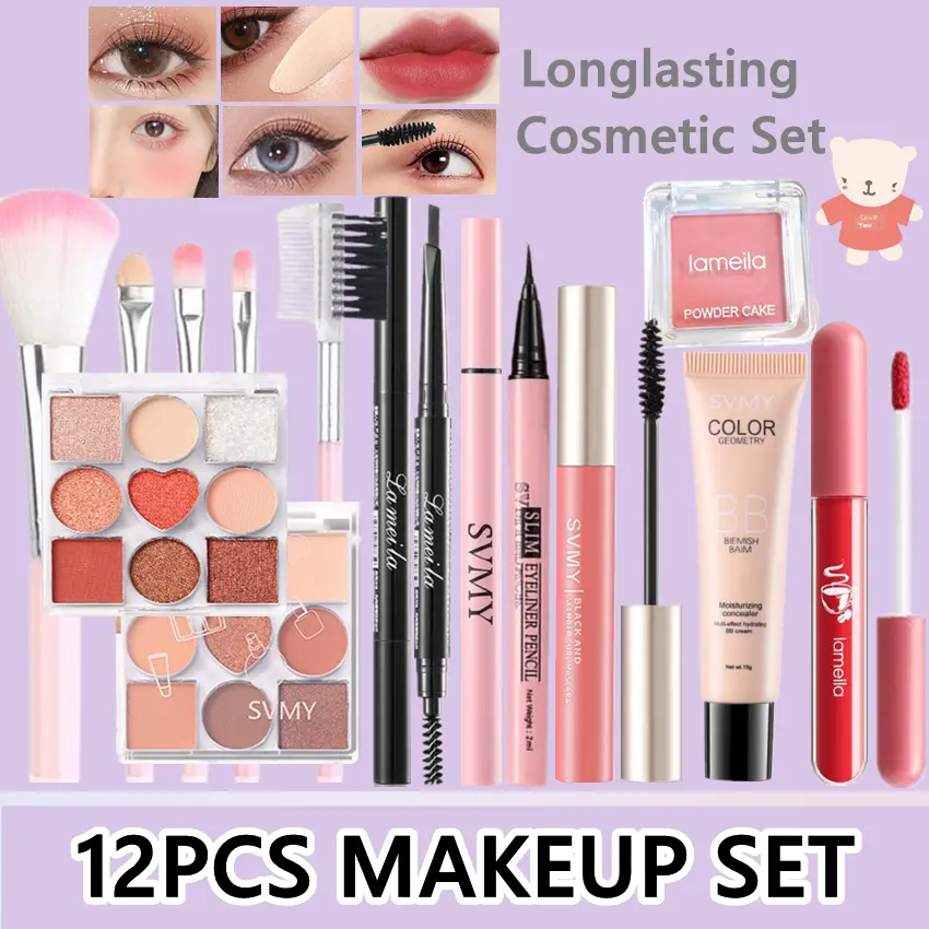 Palet pembayang mata 9 warna, set kosmetik, Maskara kalis air, celak, sayu bibir, pemerah pipi krim BB, set berus solek, gincu, pensel kening, kosmetik tahan lama, 12 keping