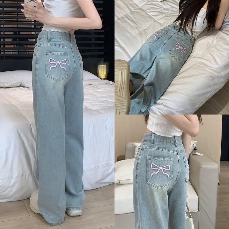 QUẦN ỐNG RỘNG JEANS NỮ THÊU NƠ HỒNG CẠP CAO HOTTREND 2025 Màu Xanh Size S M L Jean Ong Quần Jean Phong Cách Thời Trang