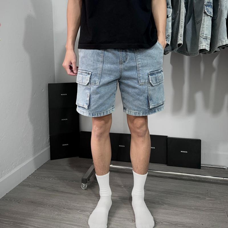 Quần Short Jeans Moken Trên Gối Cá Tính - Túi Hộp - Cạp Chun M03 Menswear Nam Denim
