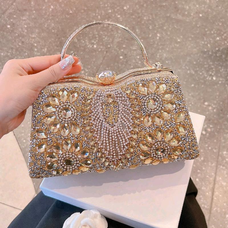 Cốp Đi Tiệc Size 24cm Hoa Đá Lông Vũ Túi Xách Nữ Đeo Chéo Women Bag Clutch Cầm Tay Kèm Dây Xích HÀNG QC Tặng Mẹ Làm Sui Đám Cưới Sang Trọng