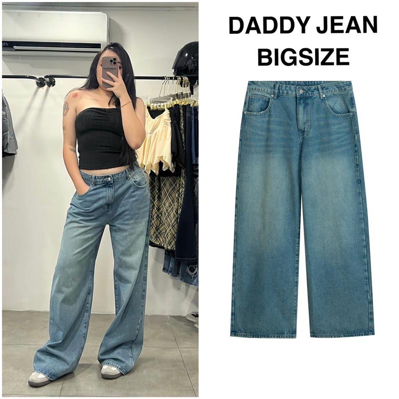 Quần Jean Nữ ống suông rộng lưng cao Bigsize có dây điều chỉnh eo (60-95kg) DADDY JEANS Ảnh thật Lassie
