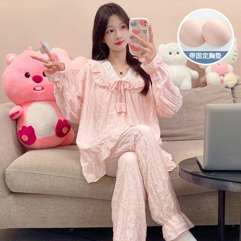 Bộ Đồ Ngủ Nữ, Phong Cách Ins, Làm Bằng Bông, Thích Hợp Cho Mùa Xuân Và Mùa Thu, Thiết Kế Đệm Ngực, Phong Cách Cổ Chữ V Ngọt Ngào 4