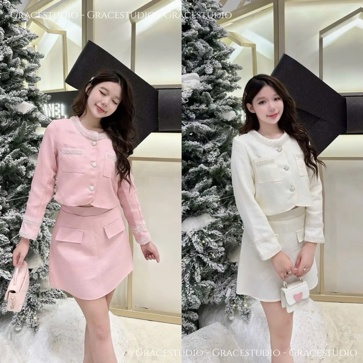 /Grace / Set dạ Tweed cổ viền đá * LEECHY SET * 2 chi tiết sang trọng
