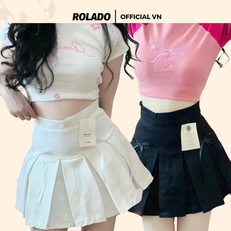 Chân váy xếp ly cạp cao ROLADO dáng xòe phối nơ có quần trong chất kaki dày đẹp tôn dáng