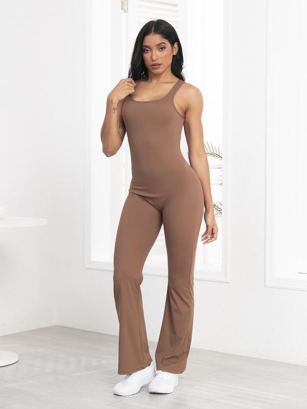 Women's Summer Plain Ruched Cut Out Sports Flare Leg Jumpsuit, Solid Scoop Neck Backless Sleeveless Bodycon Bell Bottom Jumpsuit for Yoga Gym Workout, Ladies Sportswear for All Seasons, Womenswear 4