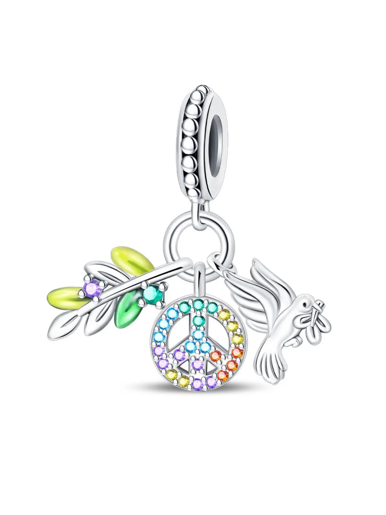 925 Sterling Silver World Peace Charm, Cute Rhinestone Decor Pigeon & Leaf Design Pendant, Fashion Accessories for Women & Girls Jewelry Making
