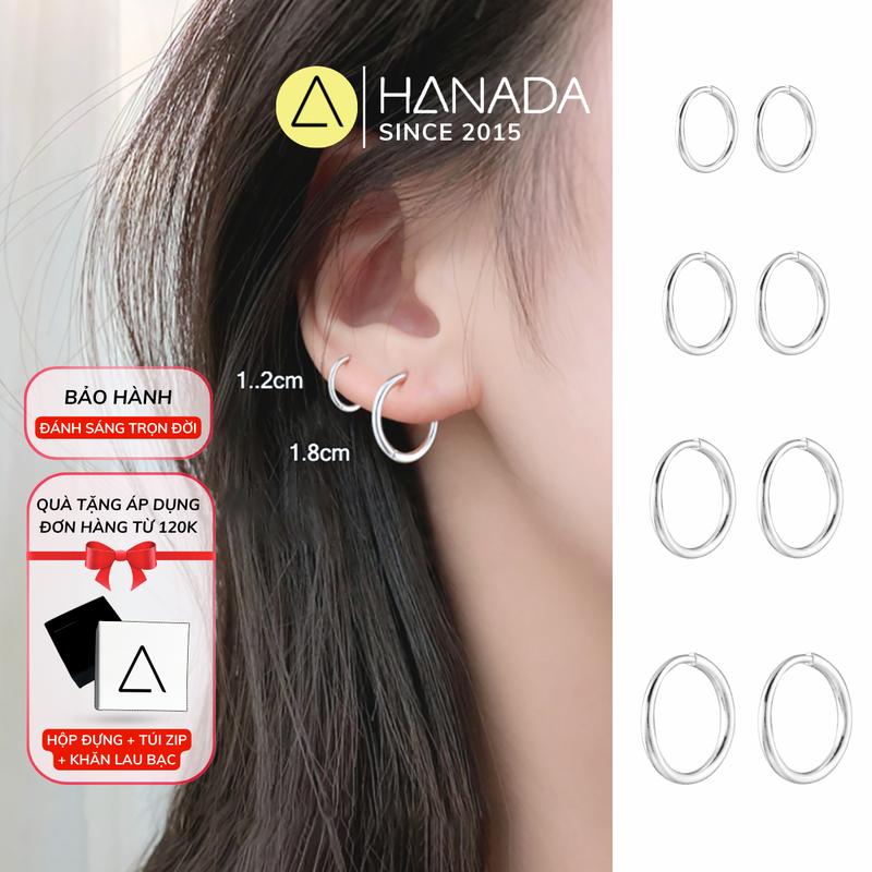 Khuyên tai Bạc Ta Dày Hanada hoa tai khuyên tai nam nữ tròn đeo nhiễu lỗ bông tai trơn cá tính kiểu tròn đơn giản không đá nhiều size 0892 A04 Women