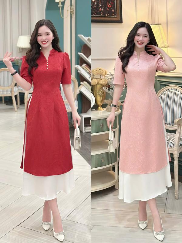 Áo dài nữ cách tân thiết kế Nhât Vy cổ tàu đính hạt ngọc tay ngắn chất gấm kèm chân váy lụa chụp ảnh tết - D3208