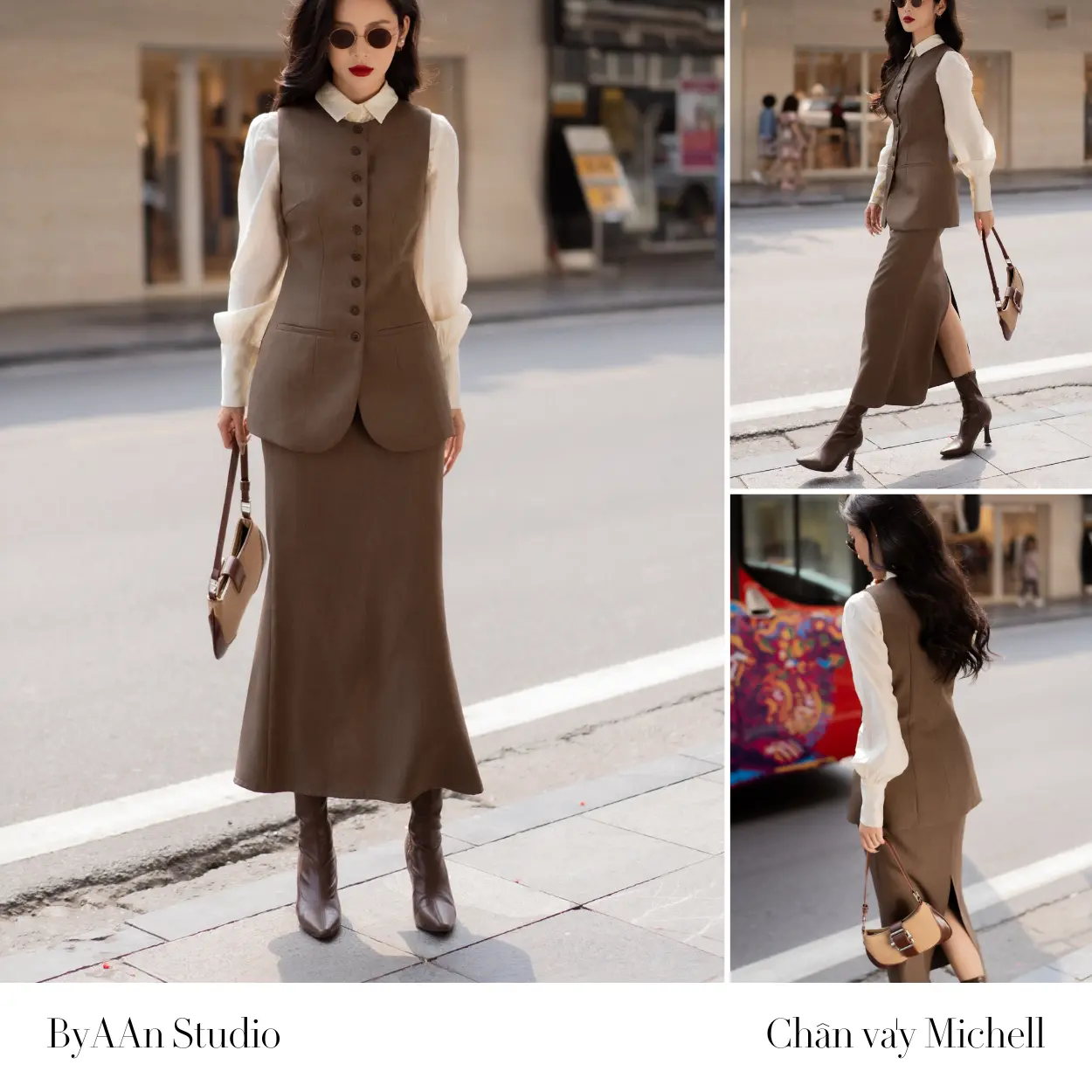 Áo Sơ mi vàng mơ mềm mịn + Vest Gile nâu tây sang trọng mix cùng chân váy fit body xẻ sau Michell - ByAnn Studio