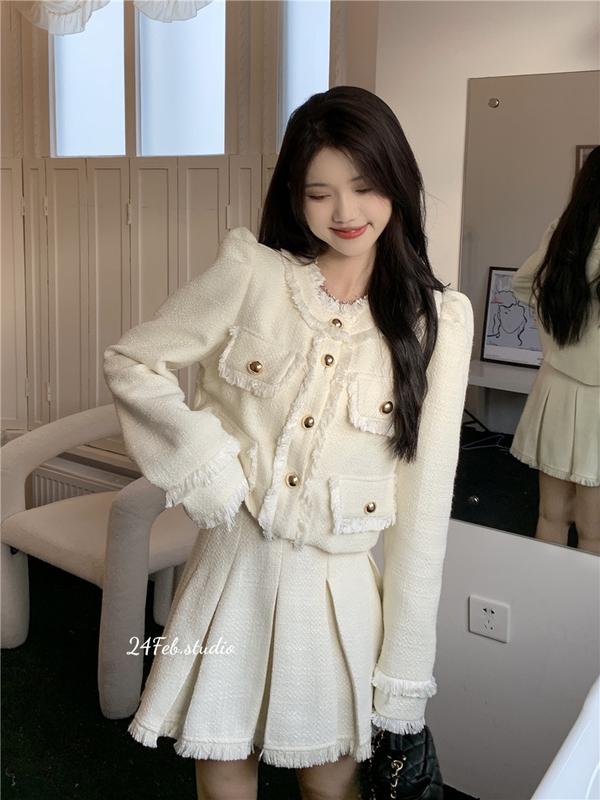 SET31 Set áo khoác dạ tweed Nữ kèm chân váy tua rua phong cách ulzzang Hàn Quốc