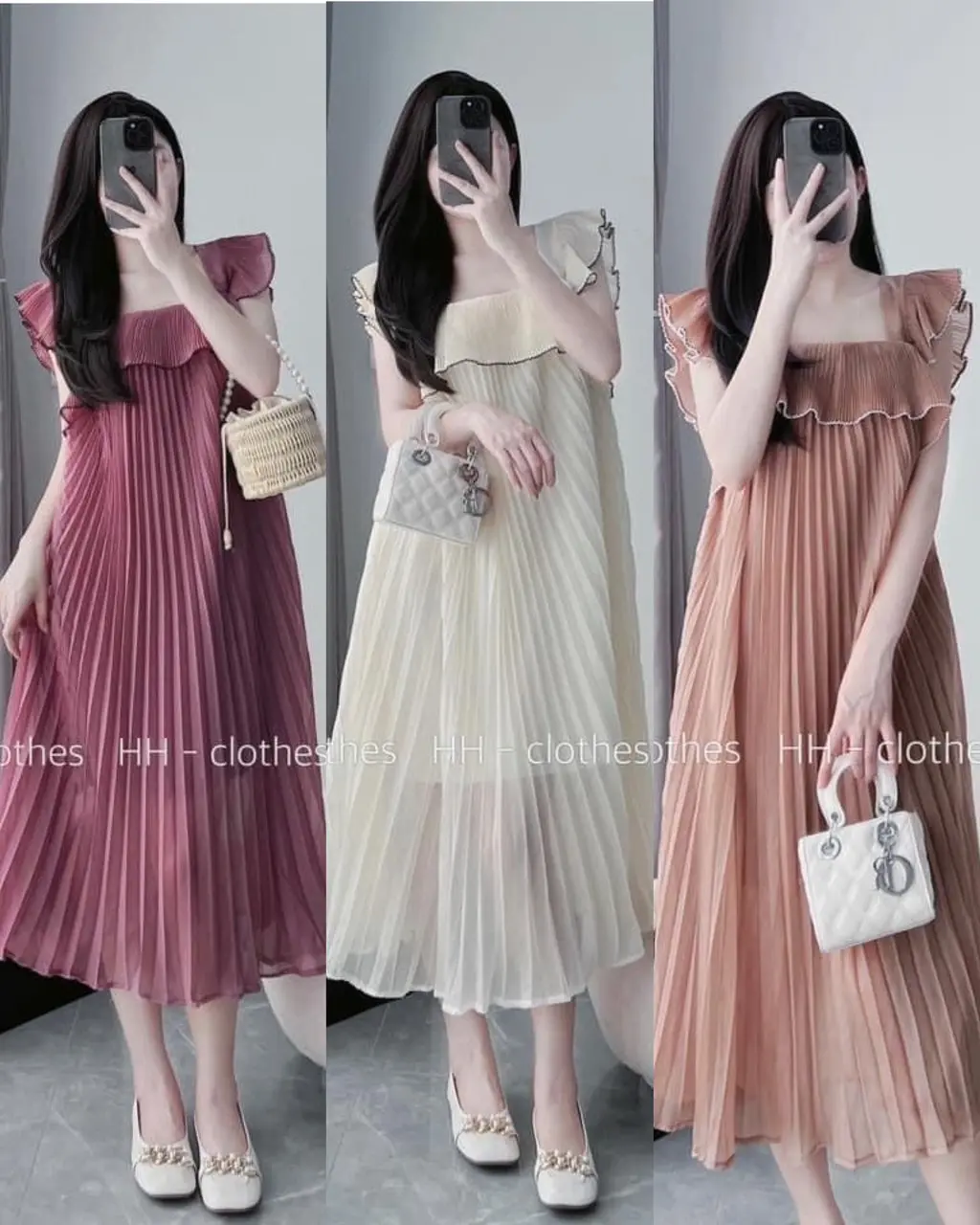 Váy siêu xinh- váy bầu  Thiết Kế Tơ Voan 2 lớp Xếp Ly phối tay cánh tiên ngực bèo xinh xắn siêu sang