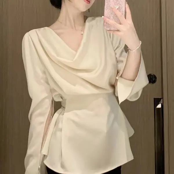 Áo Sơ Mi Satin Dài Tay, Cổ Áo Xích Đu Thanh Lịch Mùa Hè, Thiết Kế Đẹp Cho Nữ, Eo Thon, Tay Phồng Buộc Dây Áo Sơ Mi Sang Trọng Độc Đáo Cho Nữ