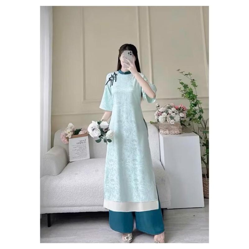 Product Introduction of Áo Dài Cách Tân Tay Lỡ Chất Gấm Phối Tà Lệch Điểm Nơ Màu Xanh Cao Cấp ,Thiết Kế Sang Trọgng Kèm Quần, Phù Hợp Mọi Dịp LÊ 26