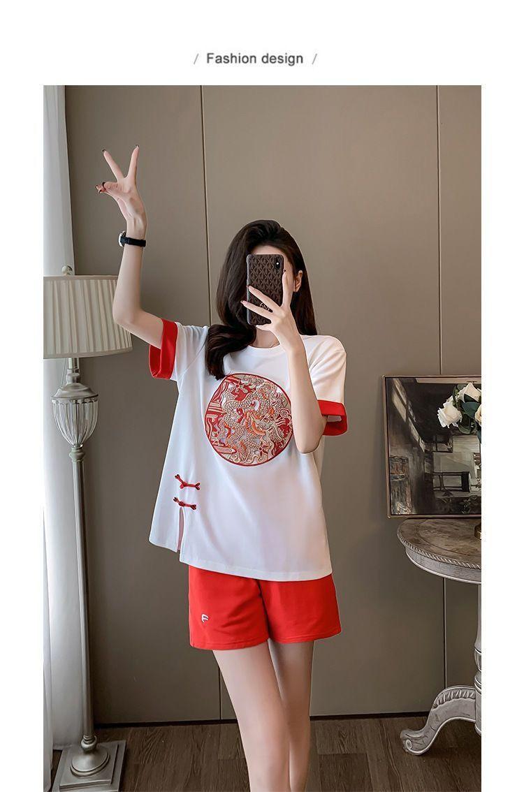 Product Introduction of New Chinese Casual Graceful Fashionable Set Women's Summer Short Sleeve Shorts Red Chinese Style Sports Popular Two-Piece Set 12