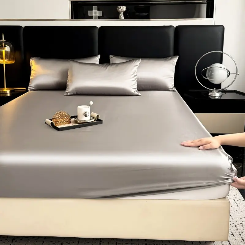Pure Color Ice Silk Fitted Sheet, Cool Sense Mattress Protective Cover, Non-Slip Bedspread Dust Cover beige breathable sheets & pillowcases pillowcase bedspreads khaki breathable bedding sets pink soft  machine wash green sheets & pillowcases