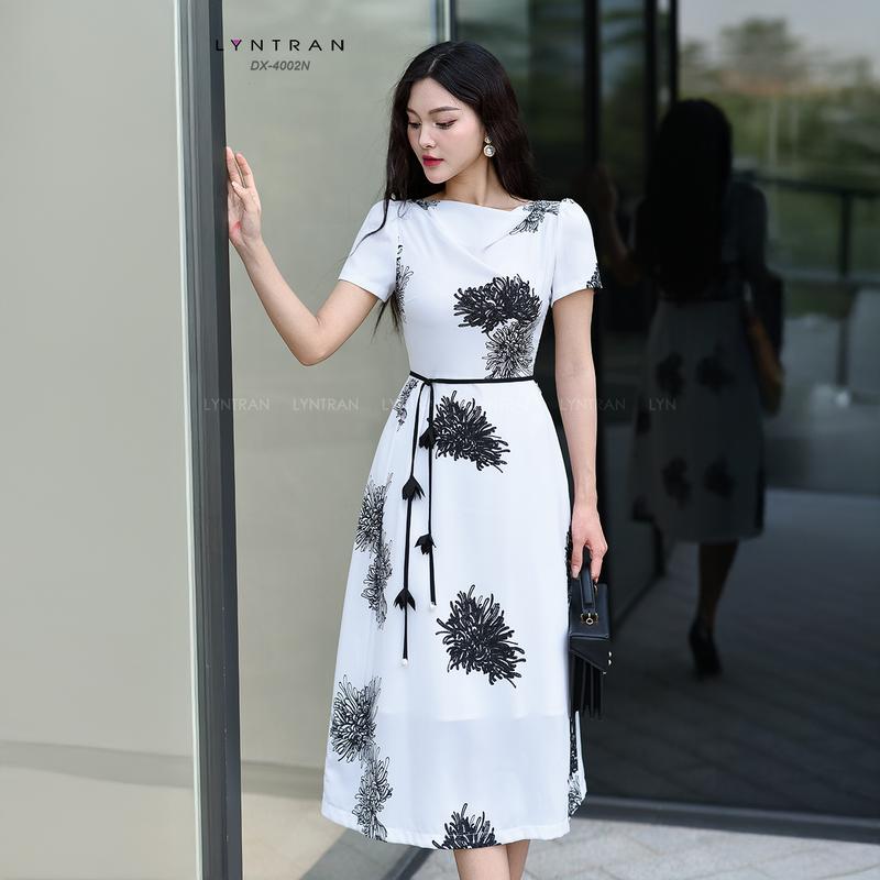 Đầm xòe họa tiết dự tiệc dáng xòe đầm midi dạo phố  ngắn tay LYNTRAN DX-4002N Nữ Women Dress Nữ Women Nữ Women Đen Trắng Màu Trắng 2