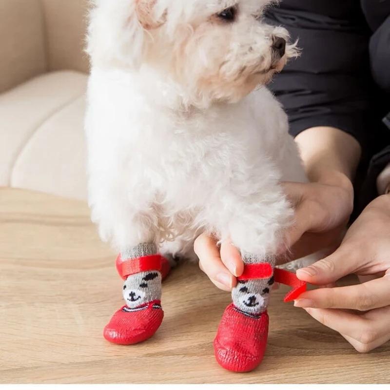 4 Pieces of Puppy Teddy Socks, Waterproof Cat Shoes, Scratch Resistant Foot Covers 1