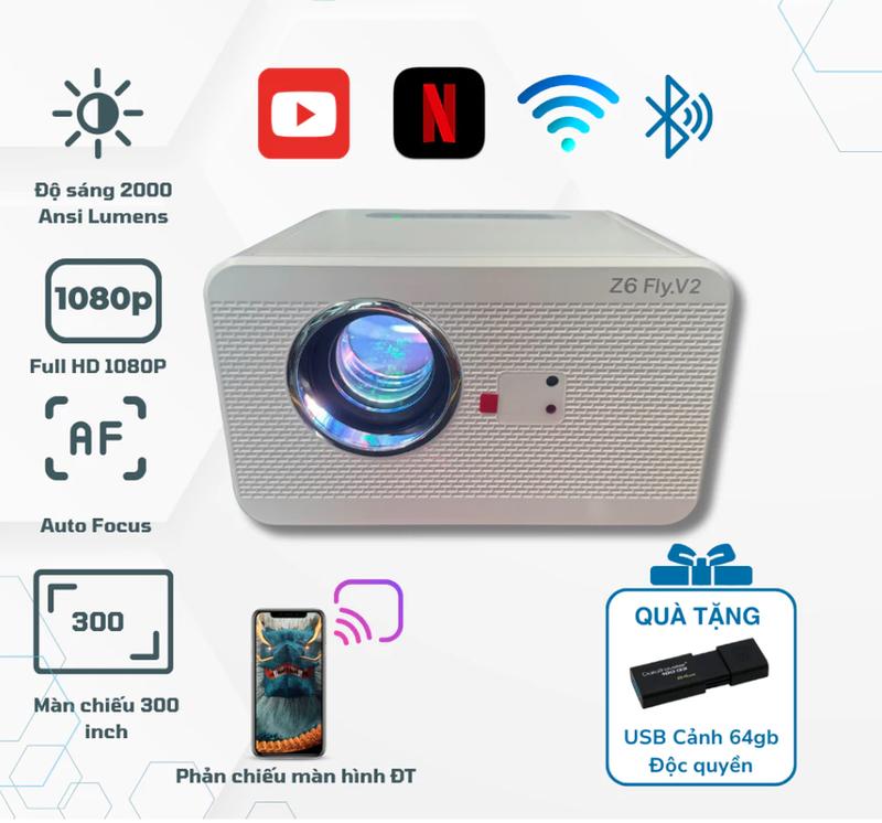 Máy Chiếu Z6 Fly V2 - Full HD 1080P| Tặng USB 64Gb Cảnh | Dùng Xem Phim, Đi Cảnh Bay Phòng, Youtube, Netflix