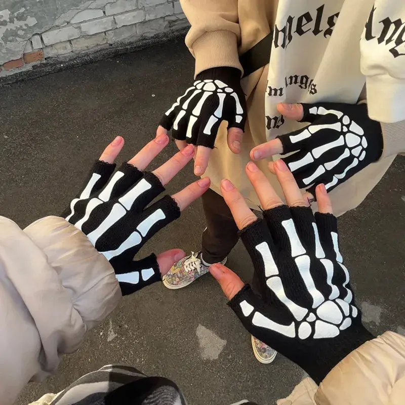 Unisex Adult Halloween Skeleton Skull Half Finger Gloves Glow in the Dark Fingerless Stretch Knitted Winter Mittens