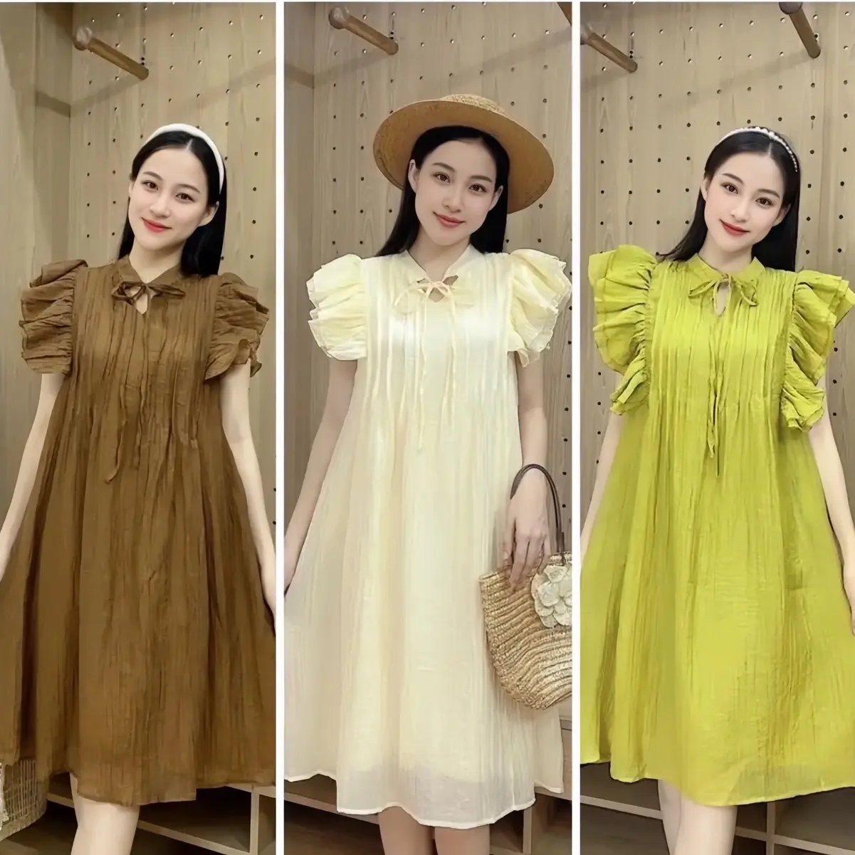 Đầm Bầu, Váy Bầu Tay Bèo,,Chất Tơ Nhăn Dành Cho Các Mom Từ 42-65kg Thai kỳ Đầm bầu