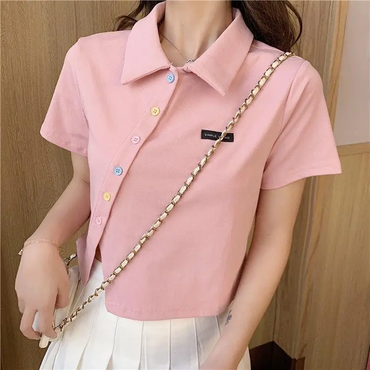 Atasan Kemeja Kaus Polo Wanita Pendek Pusat Ritsleting Lengan Pendek Tie Neck Warna Solid Kancing Fashion Kasual Korea Musim Panas Pakaian Dalam Wanita 2