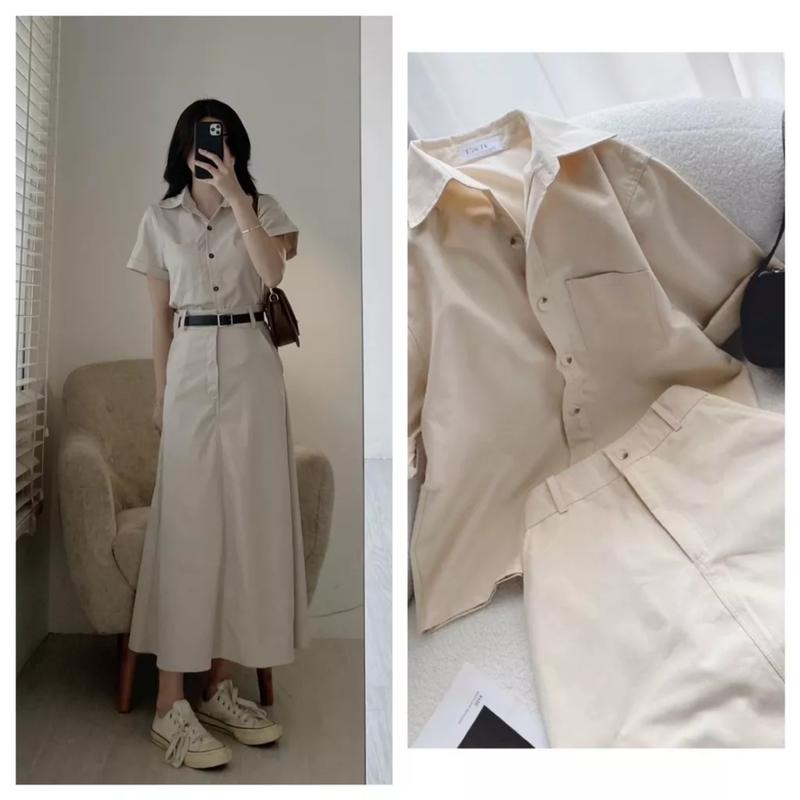 Set áo sơ mi cộc tay kaki mềm chân váy dáng dài kèm đai set 3 chi tiết áo sơ mi chân váy dáng dài kèm đai phong cách ulzzang 5