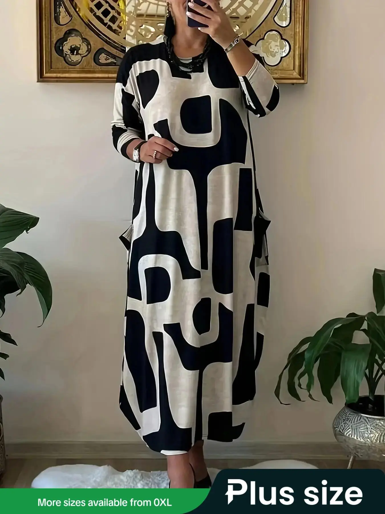 【Plus Size】 Abstract Graphic Print Pocket Round Neck Dress, Elegant Long Sleeve Crew Neck Dress for Daily Outdoor Wear, Women Clothing for All Seasons