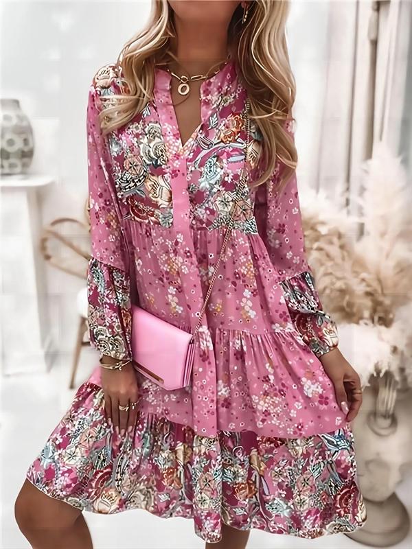 Women's Ditsy Floral Print Patchwork Tiered Layer Smock Dress, Boho Flounce Sleeve   Short Dress for Daily Wear, Ladies Dress for Spring & Fall 5