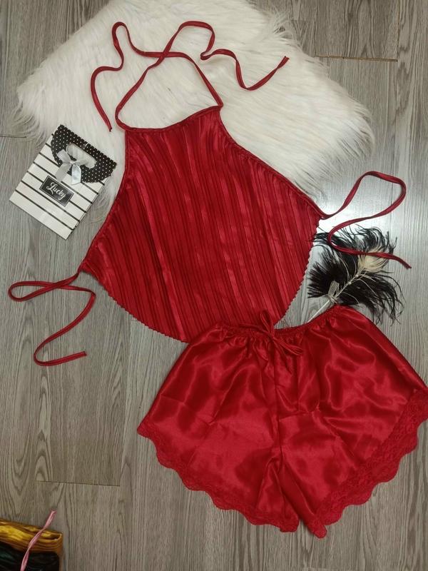 Đồ ngủ yếm dập ly chất liệu phi lụa mềm mịn kèm quần phối ren gợi cảm Freesize 40-60kg Nữ Women Kem Voi Áo Quần Ngủ