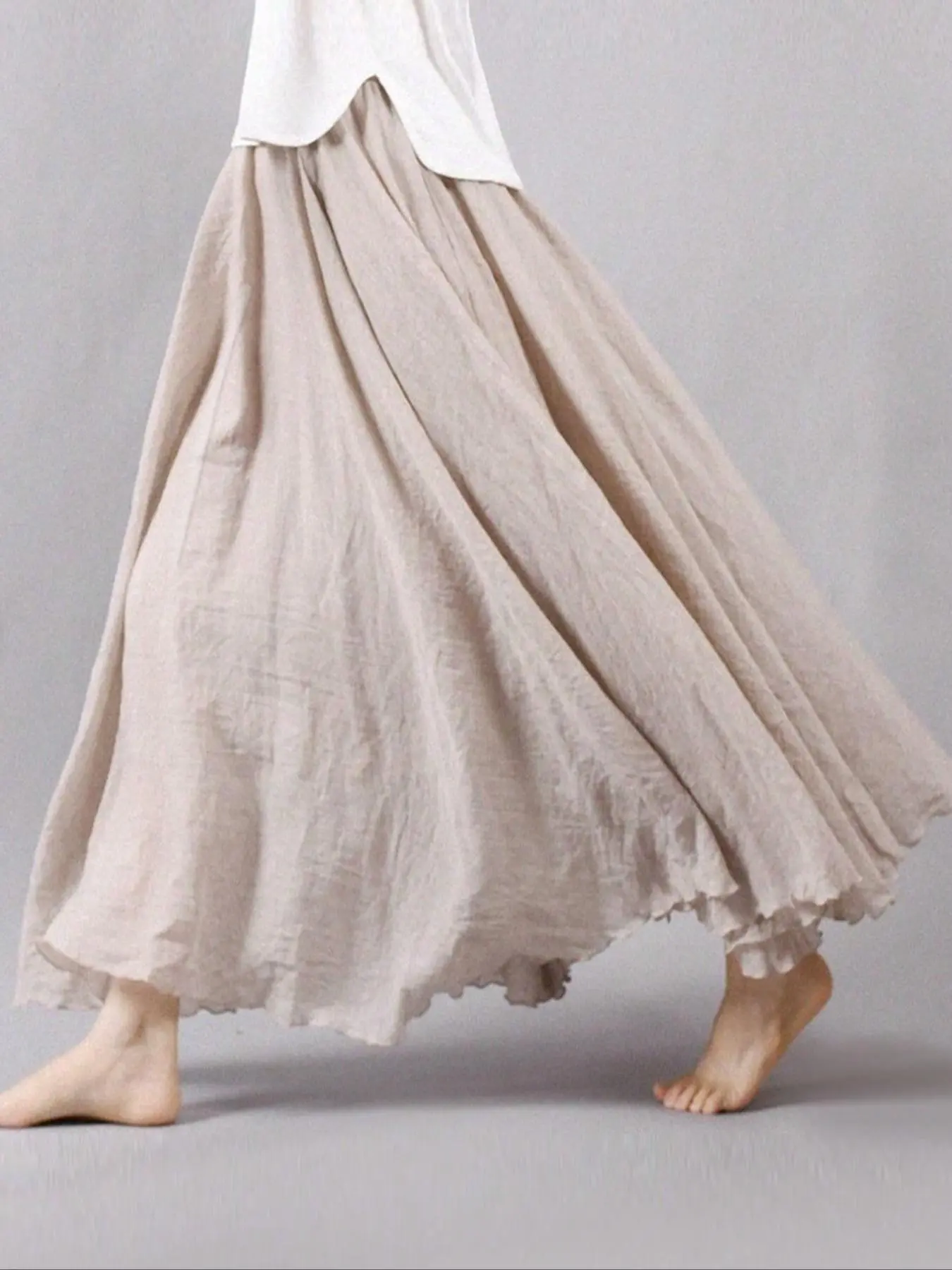 Women's Solid Color Hemline Design Linen Skirt, Casual Comfortable Long Skirt for Daily Wear, Ladies Bottoms for All Seasons