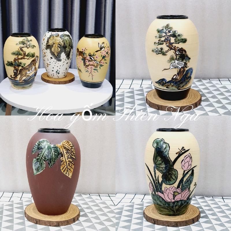 Bình gốm cắm hoa men khô Bát Tràng dáng bầu cao 22cm