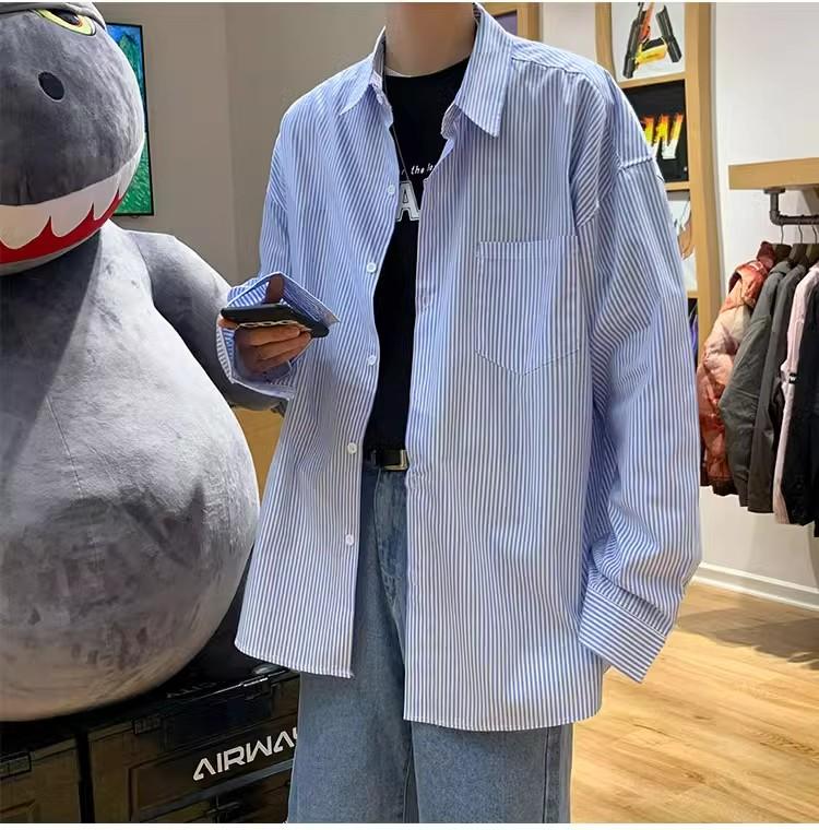 Product Introduction of Japanese Style Long Sleeve Striped Shirt Men's Autumn Clothing Thin Blue and White Striped Shirt Fashion Brand Korean Style Trendy Hong Kong Style Baggy Coat 9
