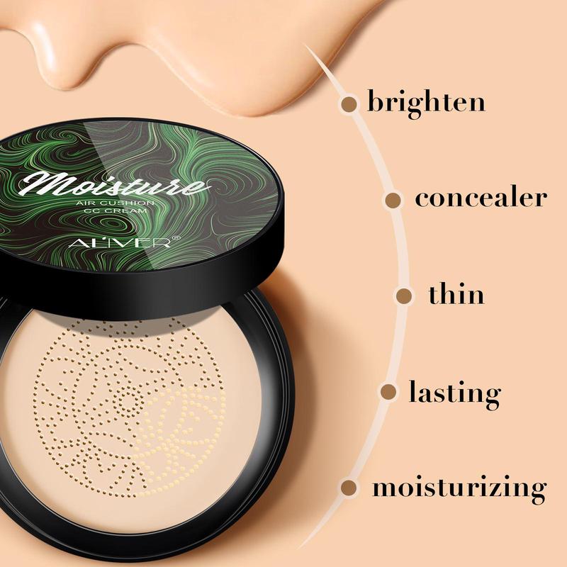 Moisturizing CC Cream with 2 Mushroom Head Powder Brush, 2 Counts/set Natural Long Lasting Makeup Foundation, Facial Makeup Product for Women 7