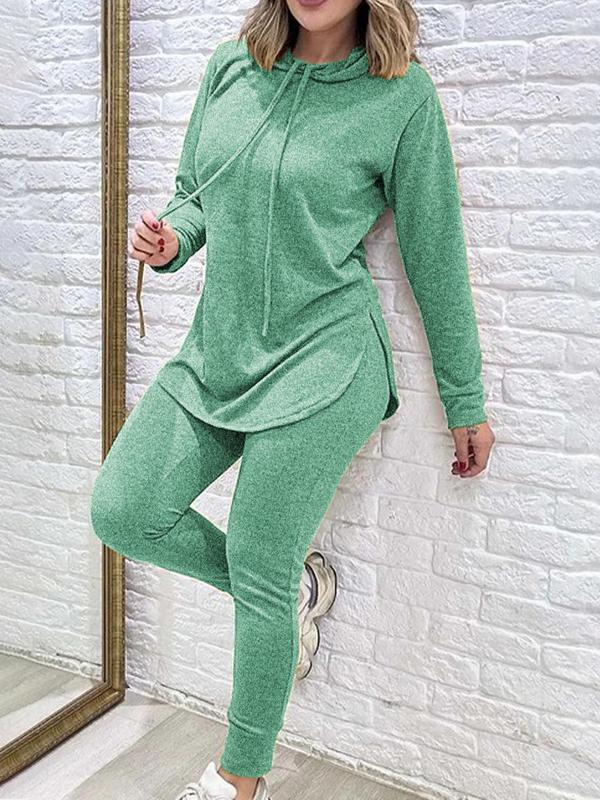 Women's Solid Drop Shoulder Hooded Loungewear Two-piece Set, Casual Comfy Long Sleeve Pullover & Pocket Pants for Daily Wear, Women's Sleepwear for Fall & Winter 3