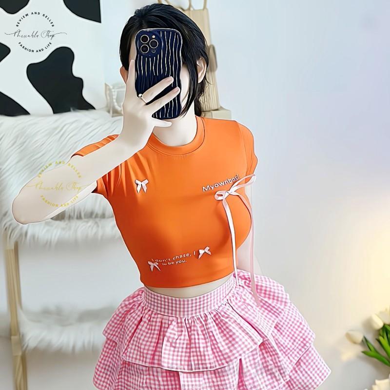Product Introduction of Áo Croptop Borip Basic Ôm Body In Chữ "I Don't Chase" Đính Nơ Dài, MLS11, Women Thun Sen Sò Hoa Sen Trắng Kem Tre Cổ Tròn Dáng Ngắn 31