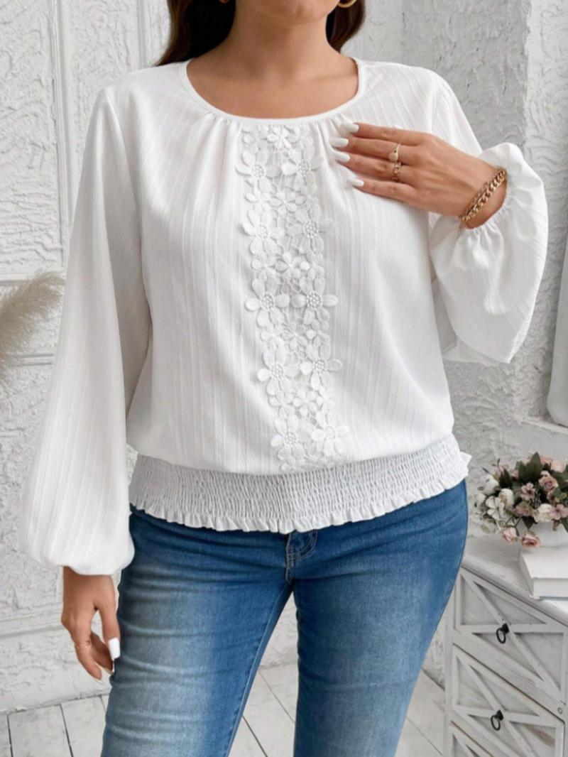 Product Introduction of 【Plus Size】 Floral Lace Trim Blouse, Casual Bishop Sleeve Round Neck Top for Summer, Women's Clothing for Daily Wear 6