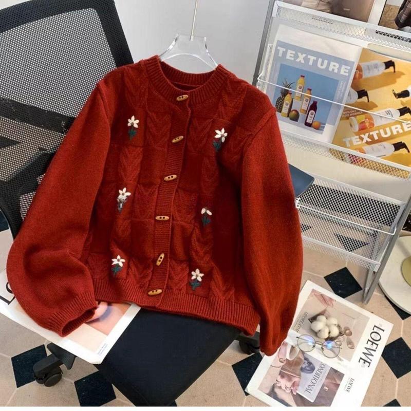  Áo Cardigan Áo Len Phong Cách Cổ Điển Dành Cho Nữ Thiết Kế Bông Màu Đỏ Dáng Rộng Vừa Vặn Phong Cách Lười Biếng Thích Hợp Cho Mùa Thu Và Mùa Đông Áo Khoác Dệt Kim Màu Đỏ Giáng Sinh Có Nút Sừng 