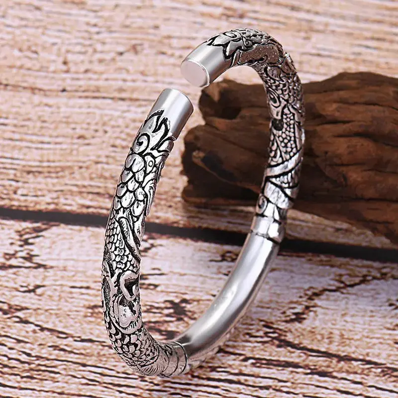 Double Dragons Holding a Pillar: Họa tiết rồng nổi và thiết kế đám mây, Vòng đeo tay hợp kim mạ Màu bạc cổ điển dành cho nam giới