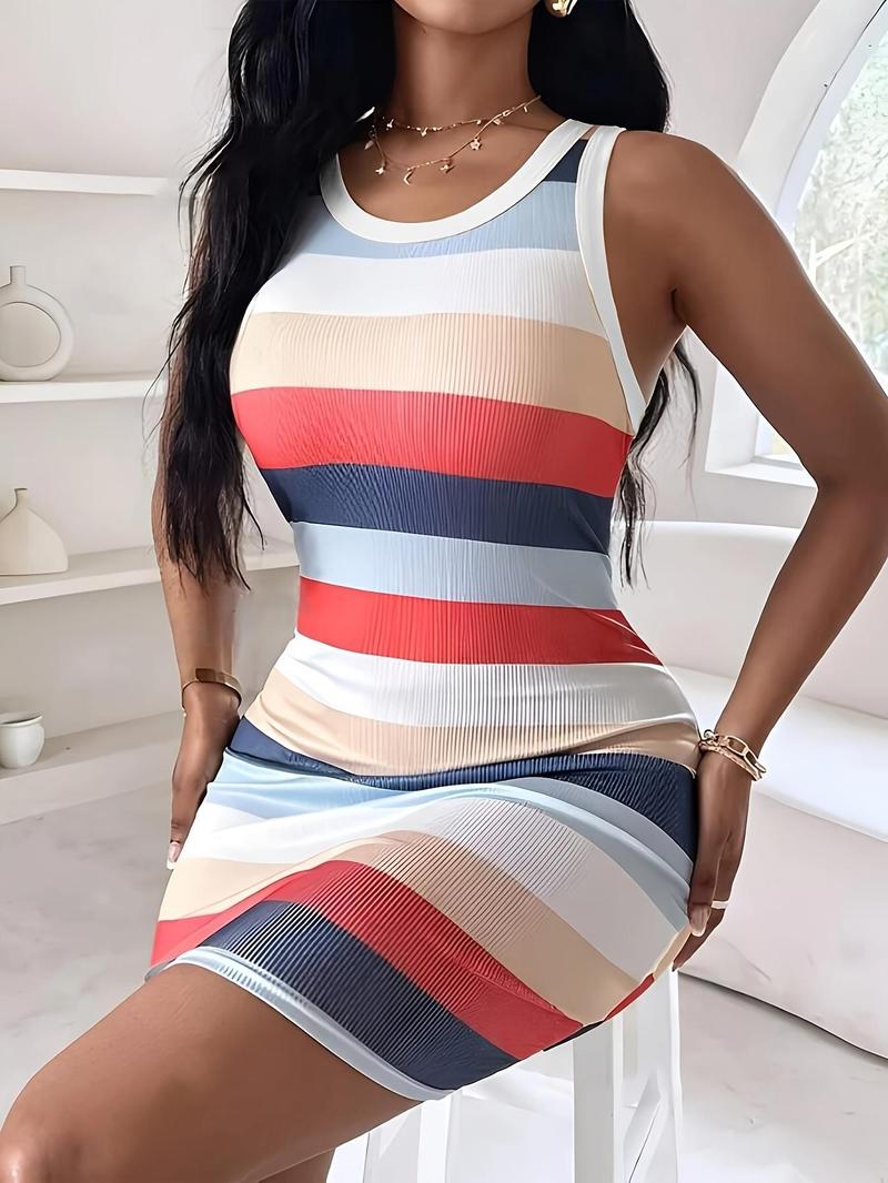 Product Introduction of Women's Striped Print Tank Dress, Casual Sleeveless Short Dress for Summer, Ladies Clothes for Daily Wear 3
