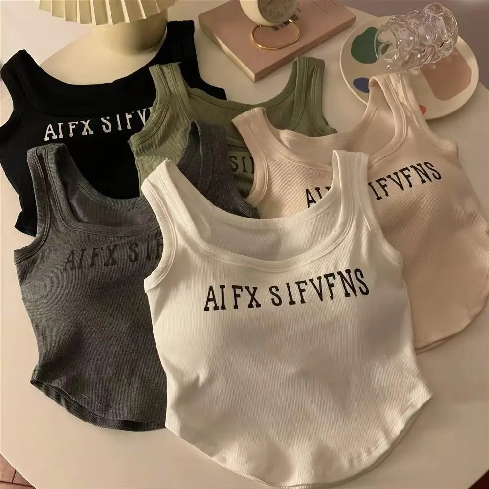 Áo Ba Lỗ Nữ, Có Đệm Ngực, Chất Liệu Cotton, In Hình, Không Tay, Vừa Vặn Thường Ngày Và Dễ Phối Đồ Có Thể Mặc Ngoài Trời, Áo Ống, Phong Cách Hàn Quốc, Có 5 Màu, Thích Hợp Cho Mùa Hè
