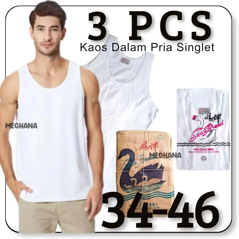 3PCS / 6 PCS Kaos Singlet Pria Cowok Laki Laki Atasan Dewasa Tanpa Lengan Putih Dunia Swan Brand 1