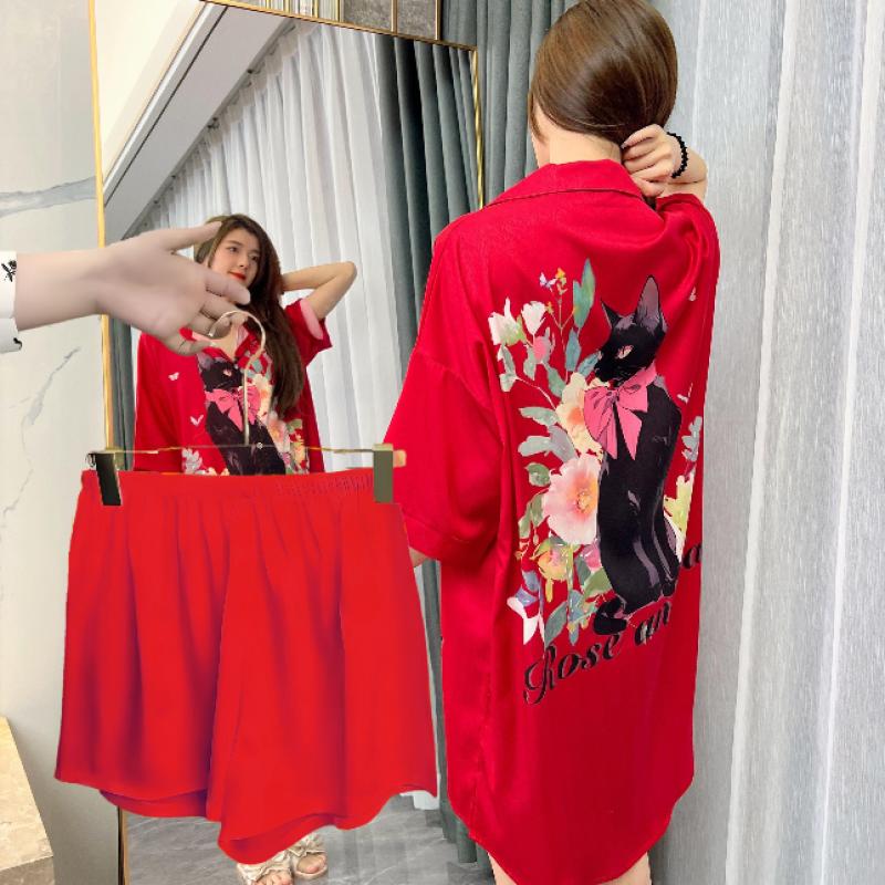 Đồ Ngủ Gợi Cảm, Bộ Sưu Tập Mùa Hè Của Phụ Nữ, ngắn Tay Áo, In Hình Hoạt Hình Ngọt Ngào Chất Lượng Cao, Có Thể Mặc Ngoài Trời, Áo Sơ Mi Cỡ Lớn, Váy Ngủ, Thích Hợp Mặc Nhà Women Dress