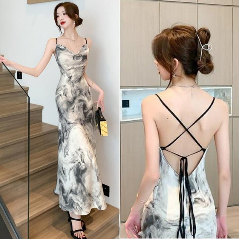 7846 đầm hoa trễ vai nhí dáng dài đi biển dây douyin đầm body hở lưng sang trọng đi tiệc váy liền